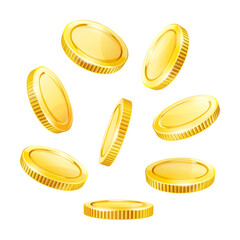 Wall Mural - Set of Gold coins. Cash change money falling down. Coins isolated on white transparent background. Vector illustration.