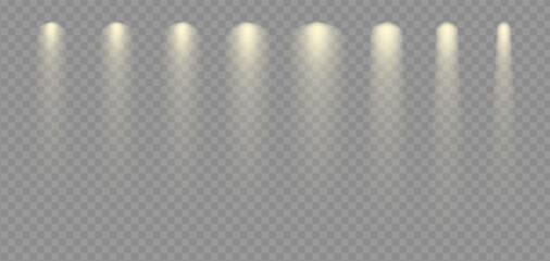 Poster - Spot lights shine to illuminate podium. Stage backdrop electric lightning. White ray or sun beam effect on transparent png vector. Music club projectors
