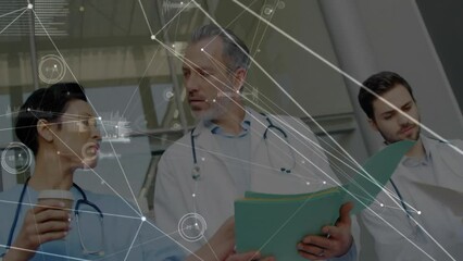 Wall Mural - Animation of network of connections with data processing over diverse doctors in hospital