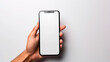 Close-up image of latin man hand using her smartphone. smartphone white screen mockup for display your graphic banner on white grey background,Generative AI