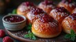 Glazed brioche buns with raspberry topping on a wooden serving board.