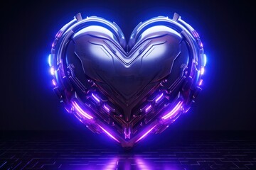 futuristic glowing 3d heart with purple and blue neon light