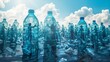 Plastic bottles form a floating cloud in the clear blue sky, reminding us of our consumption of beverages and the importance of drinking clean water in the great outdoors