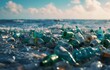 A cloudy sky reflects in the turquoise ocean, as a pile of plastic bottles taints the once pristine beach, a reminder of our impact on the aquatic world