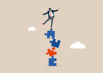 Wall Mural - Businessman falling from stack of unstable puzzle. Modern vector illustration in flat style