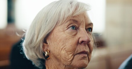 Church, service and face of senior woman at a funeral for final goodbye, respect and burial. Death, service and elderly female widow mourning, loss and grief, RIP and farewell gathering or ceremony