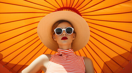 Woman in stylish summer clothes in the shade of an umbrella