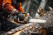 © Silvana - A construction worker demonstrates expertise in forestry, masterfully operating a portable gasoline chainsaw to fell trees efficiently and safely in a controlled environment