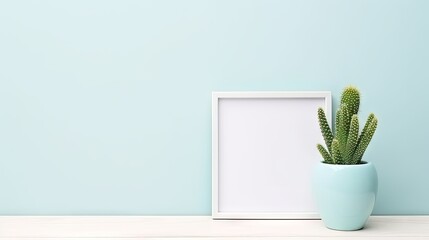 Sticker - Minimalistic home decor concept with cactus, poster frame, and elegant accessories in pastel blue color. Light background with copy space. for web page, presentation.