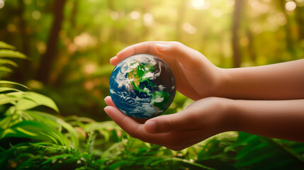 hands holding a small earth globe with a forest background. environmental conservation concept. shal