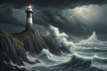 Slender Ancient And Dilapidated Lighthouse On Top Of A Terrible Cliff Offering Atmosphere, Big Storm And Waves At Sea