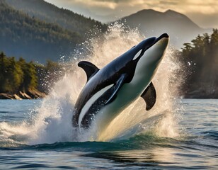 Wall Mural - An orca jumping out of water makes a big splash