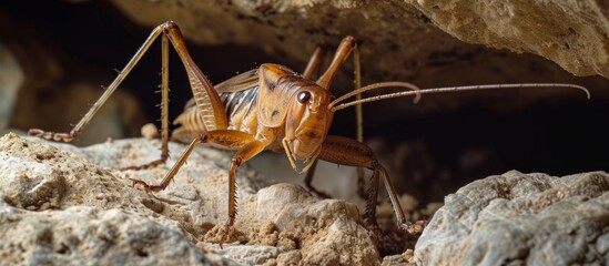 Canvas Print - Catalonia's endemic cave cricket, Dolichopoda linderi, feeds on bat droppings and vegetation, inhabiting humid caves.