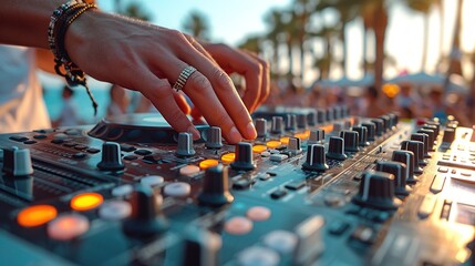 DJ Hands creating and regulating music on dj console mixer in concert outdoor. Generative Ai. 