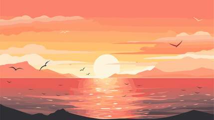 Wall Mural - Vector background depicting a serene sunset  with the sun casting a warm glow over the landscape  seagulls  and calm waters. simple minimalist illustration creative