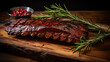 Juicy horse meat ribs glazed with a rich barbecue sauce, garnished with fresh rosemary on a rustic wooden board