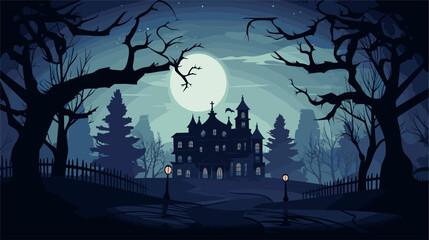 Canvas Print - haunted mansion vector background with a moonlit sky silhouetted trees and mysterious shadows creati