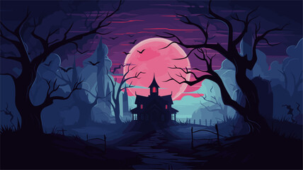 Canvas Print - haunted mansion vector background with a moonlit sky silhouetted trees and mysterious shadows creati