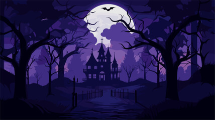 Canvas Print - haunted mansion vector background with a moonlit sky silhouetted trees and mysterious shadows creati