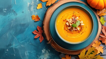  bowl with pumpkin soup on a rustic wooden board 