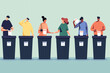 Democratic Process and Civic Duty, Citizens Voting in National Elections, Illustration of Diverse Hands Casting Ballots at Polling Station.