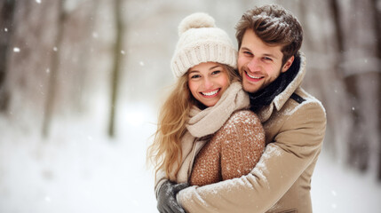 Wall Mural - Man and Woman Hugging in Snow