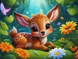 Whimsical Meadow Nap: Cute Tiny Deer Resting Amidst Flowers -Nursery Decorations, Whimsical Meadow Nap: Cute Tiny Deer Resting Amidst Flowers - Nursery Decor, Cute baby animal wallpapers