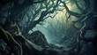Horror fantasy mystical foggy forest, where ancient trees reach
