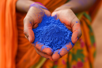 The hands of a woman in an orange dress hold blue powder at the Holi festival.