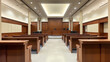 An image of a courtroom that is a symbol of fairness. A symbol of judicial/legislative procedures and justice.