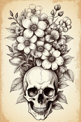 Sticker - Human skull with flowers. Hand drawn vintage, sketch vintage illustration