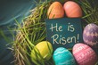Easter celebration scene with a rustic basket of decorated eggs and a 