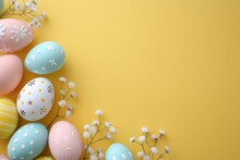 Easter Eggs Adorned With White Patterns On A Vibrant Yellow Backdrop With White Flowers