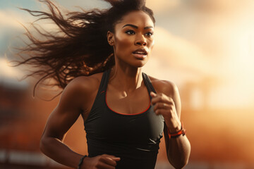 Wall Mural - Woman Running on Track with Wind-Blown Hair