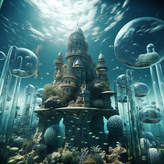 Wall Mural - Underwater city with glass domes.