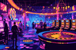 Exciting Casino Night, High Roller Players and Jackpot Wins, Vibrant Gambling Scene with Slot Machines and Roulette Tables.