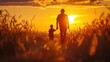 © somchai20162516 - An old farmer walks into the sunset with his son.