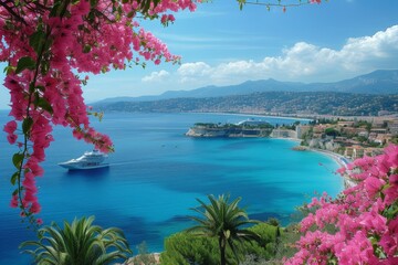 Canvas Print - panoramic Mediterranean sea with pink Bougainvillea flowers frame, travel concept