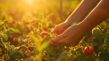 Wall Mural - Close-up of hands tending a tomato field in the sunset light.