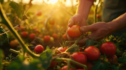 Wall Mural - Close-up of hands tending a tomato field in the sunset light.