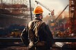 Construction worker at work in his yellow hi-vis vest, panorama, site, commercial port. Industry worker from behind with safety jacket and helmet Refinery plant looking at factory, heavy industrial