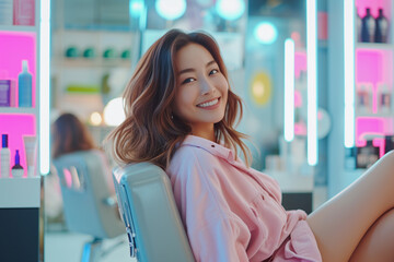 Wall Mural - Portrait of fashionable Asian woman sitting in bright beauty salon while smiling to the camera