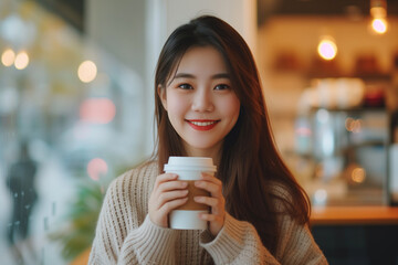 Wall Mural - Portrait of beautiful young woman drinking coffee in cafe on weekend. Relaxation, lifestyle concept