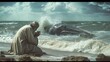 The Old Testament prophet Jonah was praying on the beach with whales visible in the ocean behind him.