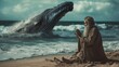 © somchai20162516 - The Old Testament prophet Jonah was praying on the beach with whales visible in the ocean behind him.
