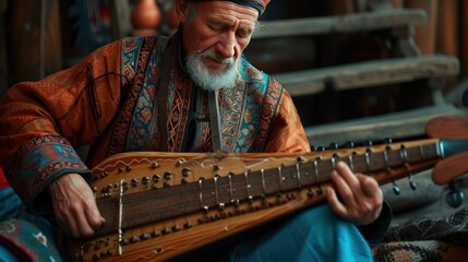 Wall Mural - Tsudakar man from Russia plays a traditional musical instrument.