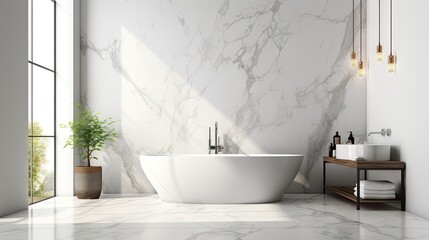 Sticker - Luxurious bathroom mockup with elegant marble tile wall background .