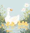 Mum duck and ducklings swimming in a pond. Cute children's book illustration.