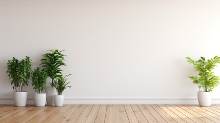 Canvas Print - Empty white room with a wooden floor and plants.