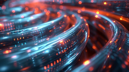  abstract wire cable tunnel with digital binary data transmitting. Depth of field effect. Inside AI concept. Technology, machine learning, big data, virtualization. Product background